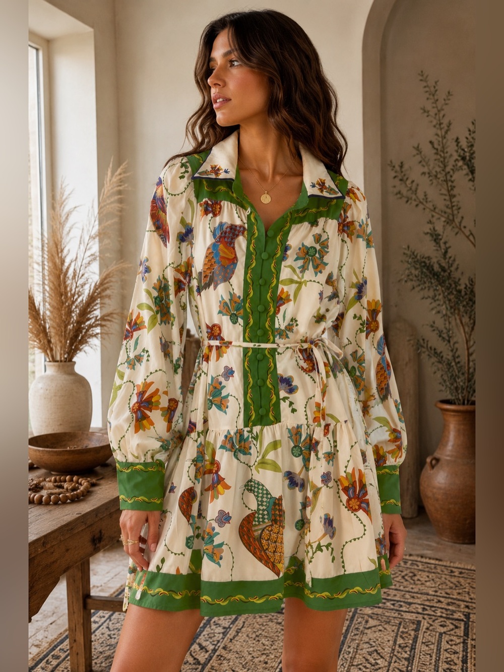 Medium Bird Floral Print Belted Mini Dress Green Boho Farm Rio Inspired